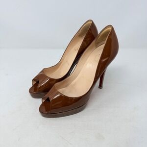 Christian Louboutin Brown Patent Leather Peep Toe Platform Red Bottoms Size 38